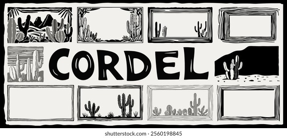 Vector collection of various frames with cacti in brazilian cordel woodcut style.