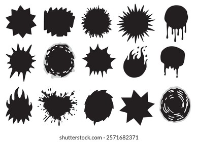 Vector collection of various grunge black splatter and burst shapes, including stars, circles, and drips, arranged in a grid pattern