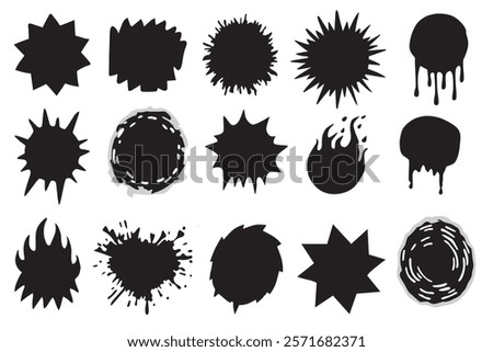 Vector collection of various grunge black splatter and burst shapes, including stars, circles, and drips, arranged in a grid pattern