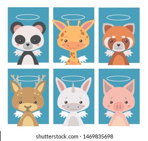 Vector collection of various guardian angel animals with wings and halos, illustrations suitable for poster or postcard art prints for children nursery