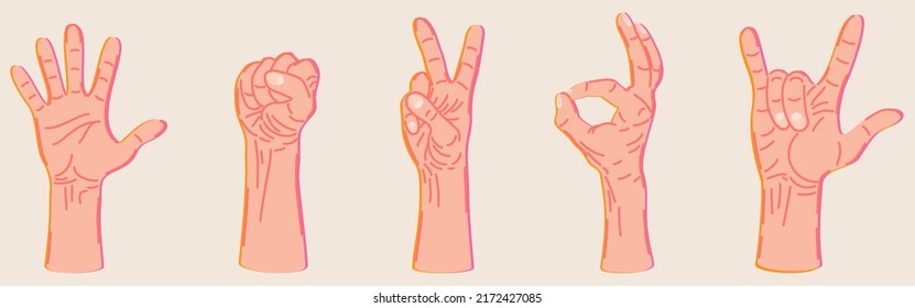 Vector collection of various hand gestures with bright outline. Isolated on light beige background.