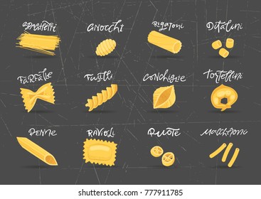 Vector collection of various hand-drawn pasta. For packaging and menu design.