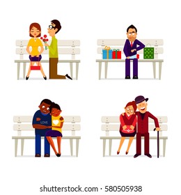 Vector collection various happy couples sitting on bench. Banner design element.