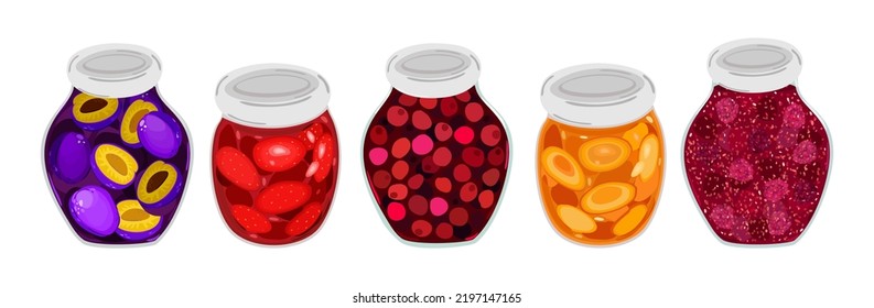 Vector collection of various jams, plum, strawberry, cherry, apricot and raspberry, in glass jars.