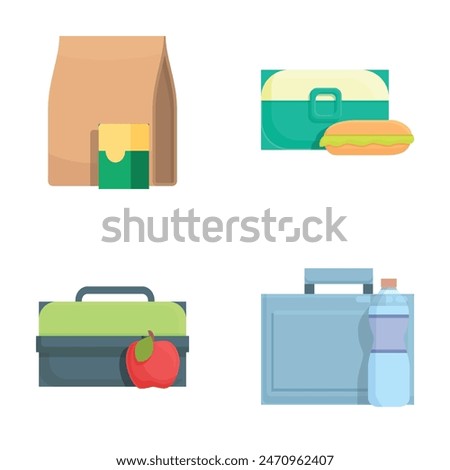 Vector collection of various lunch bags and boxes with simplistic design, perfect for educational content
