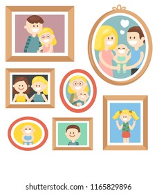 Vector collection of various photos frames with pictures of happy family with kids isolated on white background