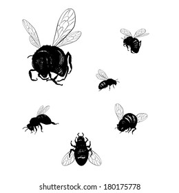 Vector collection of various positioned doodle bees