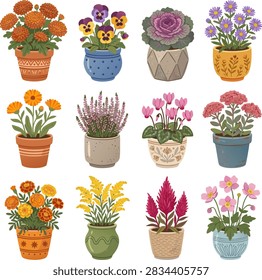 Vector collection of various potted autumn flowers and garden plants, featuring marigold, celosia, anemone, goldenrod, aster, and ornamental cabbage in decorative pots, isolated on white background.