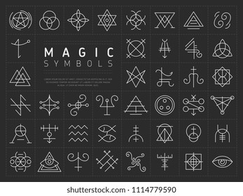 Vector collection of various simple linear white symbols od magic craft on dark gray background
