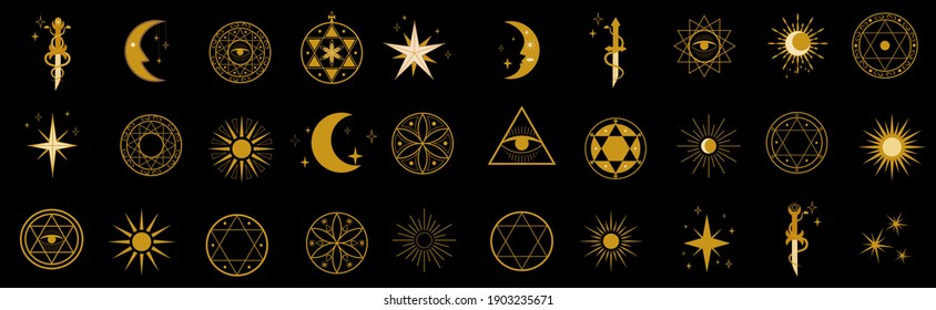 Vector collection of various simple linear gold od magic craft symbols on black background