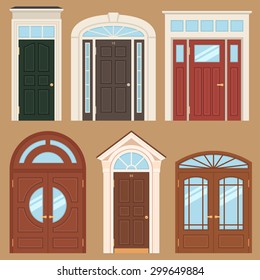 Vector collection of various types of classic wooden entrance doors. Flat style.