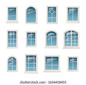 Vector collection of various white windows.  Various types plastic windows collection. Interior and exterior elements