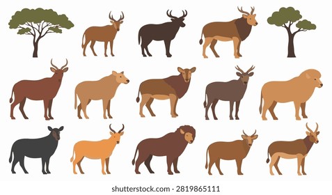 Vector collection of various wild animals from forest and savanna biomes featuring deer, antelopes, bison, and stylized acacia trees isolated on a white background.