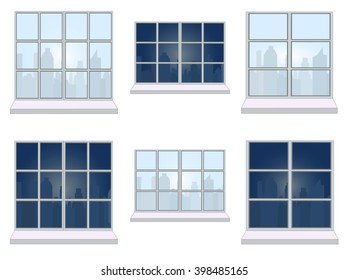 Vector collection of various window compositions. The view from the window - different silhouettes of the city during the day.