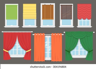 Vector collection of various window treatments: curtains, drapery, shades, blinds. Flat style.