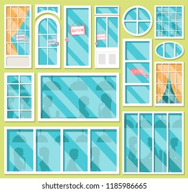 Vector collection of various windows and doors types with shadows of people. Set of doors with open store sign. For interior and exterior use. Flat style.