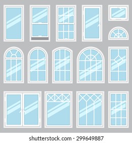 Vector collection of various windows types. For interior and exterior use. Flat style.