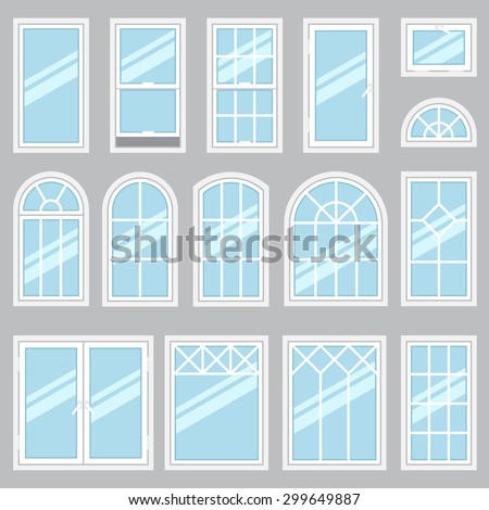 Vector collection of various windows types. For interior and exterior use. Flat style.