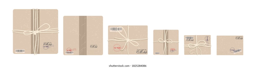 Vector collection with vatious cardboard postal parcels with stamps. Post package ready for fast delivery to the recipient. Top view. Cartoon flat style. Isolated on white background.