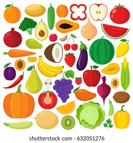 Vector Collection Of Vegetables And Fruits Icons. Green Organic, Veggies Symbols