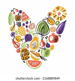 Vector collection of vegetables and fruits in Scandinavian style in the shape of a heart	