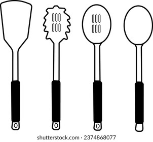 A vector collection of versatile spatulas and spoons, featuring a solid turner spatula, spaghetti server, slotted spoon, and a solid spoon for a variety of culinary tasks.