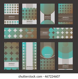 Vector collection of vertical business cards and horizontal banners, decorated with gradient blue and brown circles. Graphic geometric design. Isolated on dark background