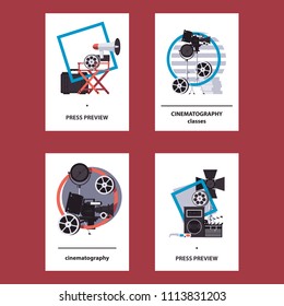 Vector collection with vertical cards and flyers templates on white background dedicated to cinema production, filming professionals and backstage. Directors chair, bobbin for press preview and expo