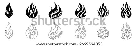 Vector collection of vertical flame icons in wavy patterns, ideal for digital media posts, energy symbols, tattoo flash, and aggressive high performance racing graphics.