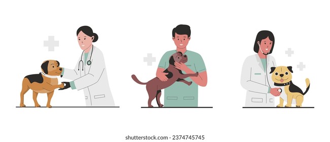 Recogida de vectores del concepto de control veterinario. Veterinario profesional con mascotas. Concepto de ilustración de estilo plano