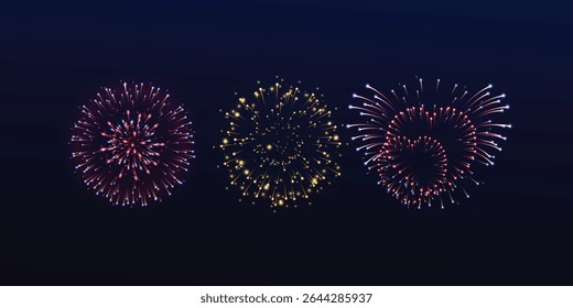 Vector collection of vibrant and colorful fireworks bursting in the night sky on a black background, ideal for party, New Year, and celebration themes