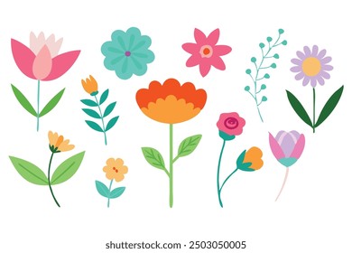 Vector Collection of Vibrant Spring Flower Elements A Hand Drawn Floral Set Featuring Wildflowers, Leaves, and Foliage Vector illustration set on a White Background