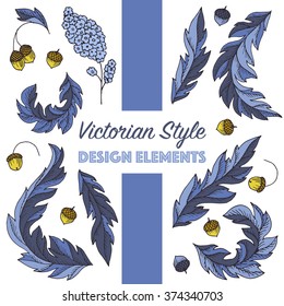 Vector collection of victorian style vintage elements with oak leaves and acorns. Decorative baroque ornamental engraving design set