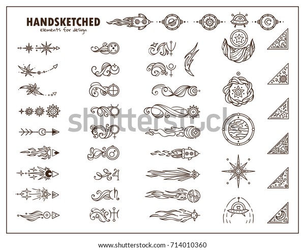 Vector collection of vintage arrows, corners,\
dividers for frames, borders. Space elements symbols of planet with\
waves, stars, UFO, spaceship, satellite, comet, moon. Sepia color,\
abstract design