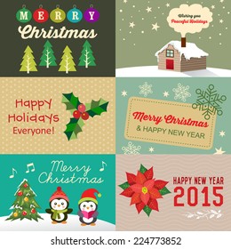 Vector collection of vintage Christmas elements, icons, illustration and holiday cards