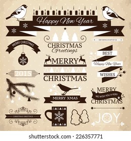 Vector collection of vintage  Christmas and New year's elements and illustrations for holiday greeting card or invitation design.
