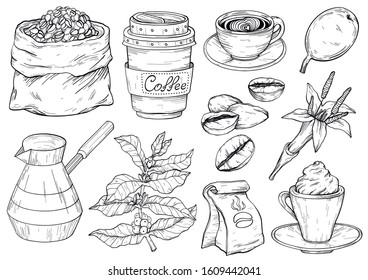 Vector collection of vintage coffee party icons. Hand drawn retro illustration with coffee, black and white