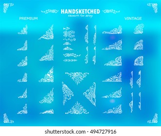 Vector collection of vintage corners, arrows, seaweeds vignette in vintage style. Undersea elements for design. Template for frames, borders, banners, logotype. Photo decor stickers