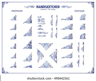 Vector collection of vintage corners, arrows, seaweeds vignette in vintage style. Undersea elements for design. Template for frames, borders, banners, logotype, cards, menu. Blue watercolors style