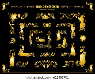 Vector collection of vintage corners, dividers in vintage style. Vine, grapes, bottles, wine, arrows silhouette. Template for frames, borders. Decor vignette. Premium gold color 