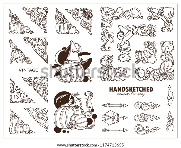 Vector collection of vintage corners, dividers.\
Halloween autumn elements – abstract pumpkins, witch hats, candles,\
bat, broom, owl, apples. Template for frames, borders. Sepia color,\
abstract design