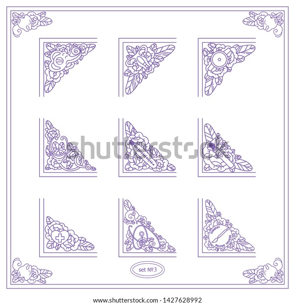 Vector collection of vintage corners for frames
and paper or document decoration. Cute Medical and Anatomy theme
arts with roses in each triangles. Doctor tools, human organs with
waves leaves