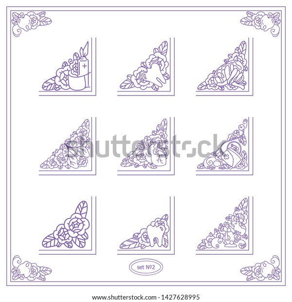 Vector collection of vintage corners for frames\
and paper or document decoration. Cute Medical and Anatomy theme\
arts with roses in each triangles. Doctor tools, human organs with\
waves leaves