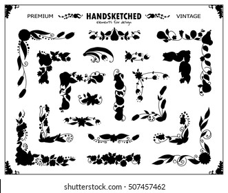 Vector collection of vintage corners in wave floral style. Flowers wave silhouette, sketch elements for design. Template for frames, banners, invitation, card, photo decor. Black color
