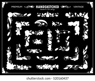 Vector collection of vintage corners in wave floral style. Flowers wave silhouette, sketch elements for design. Template for frames, banners, invitation, card, photo decor. Chalkboard style