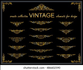 Vector collection of vintage elements for design. Ornate borders, ribbons, banners, floral vignette.  Elements for frame, invitation, card, headers decor. Premium gold design