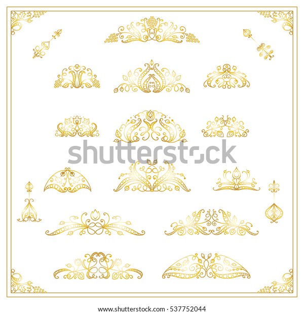 Vector collection of vintage elements for design, Vine\
leaves. Ornate borders, ribbons, banners, floral vignette. \
Elements for frame, invitation, card, pages and other decor. Gold\
and white colors 