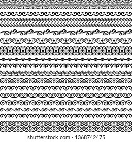 Vector collection of vintage endless seamless brushes for frames, borders, braid, decoration, design of textiles, tableware, greeting card, wedding invitation. Elegant classic patterns with flourishes