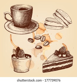 Vector collection of vintage hand drawn coffee time illustrations on spotted background