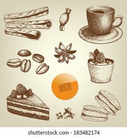 Vector collection of vintage hand drawn coffee and dessert illustrations